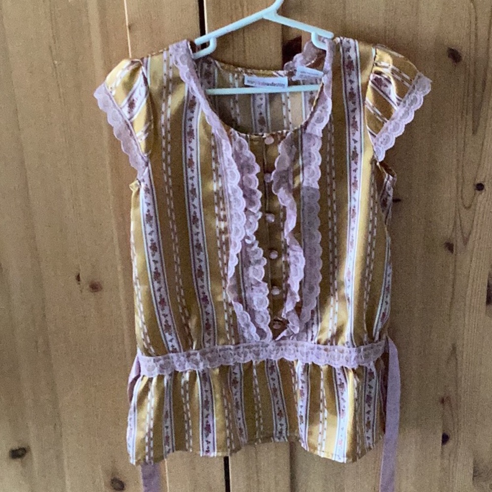 🎀  Mary, Kate, and Ashley GOLD Blouse w/ Satin Tie Ruffles & Lace 5/6- 7/8